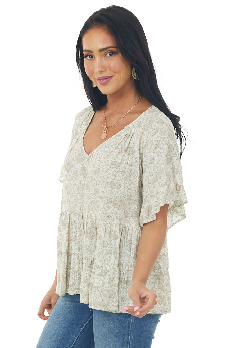 Sage Faded Paisley Ruffle Tiered Short Sleeve Top