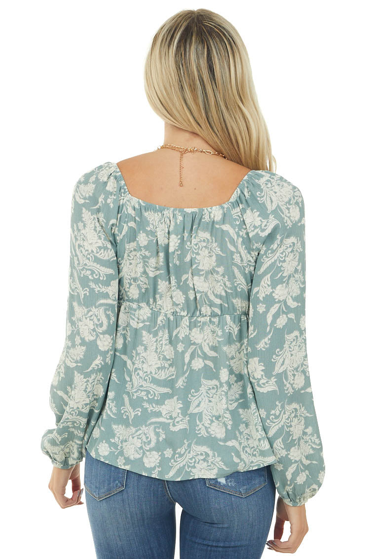 Sage Floral Long Sleeve Front Tie Blouse