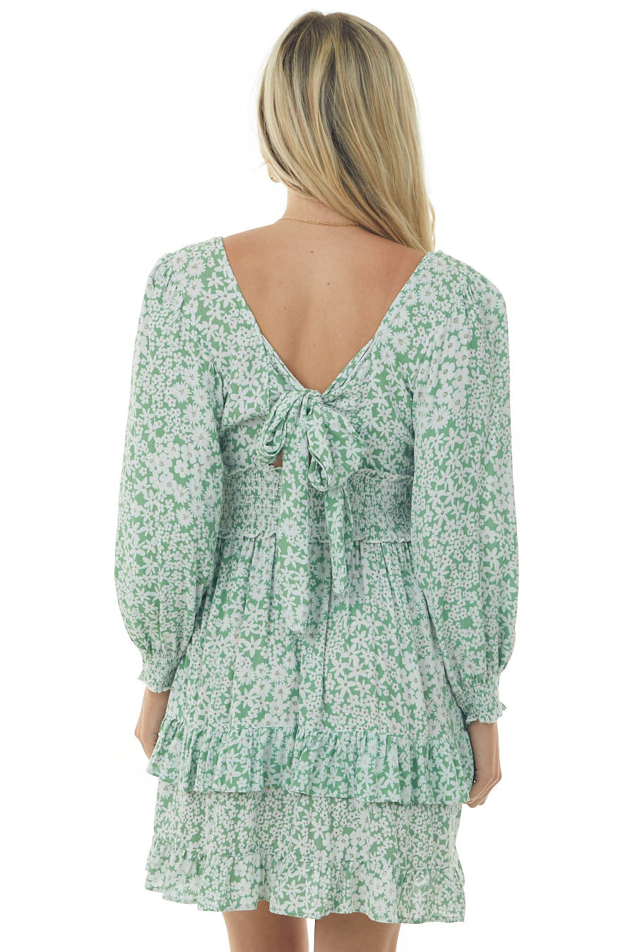 Sage Floral Print Bubble Sleeve Short Dress