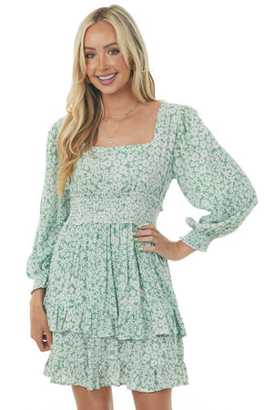 Sage Floral Print Bubble Sleeve Short Dress