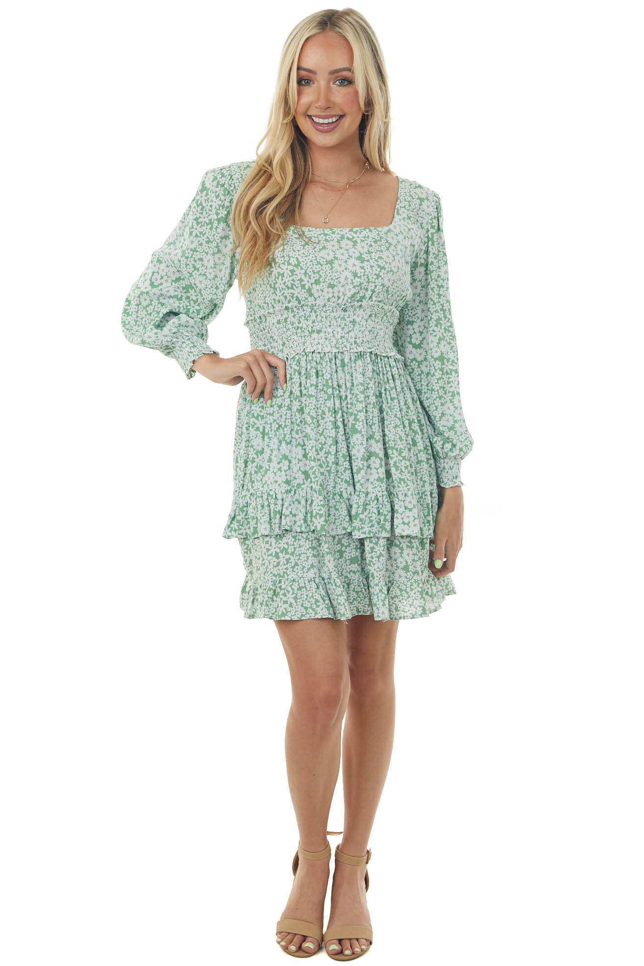 Sage Floral Print Bubble Sleeve Short Dress