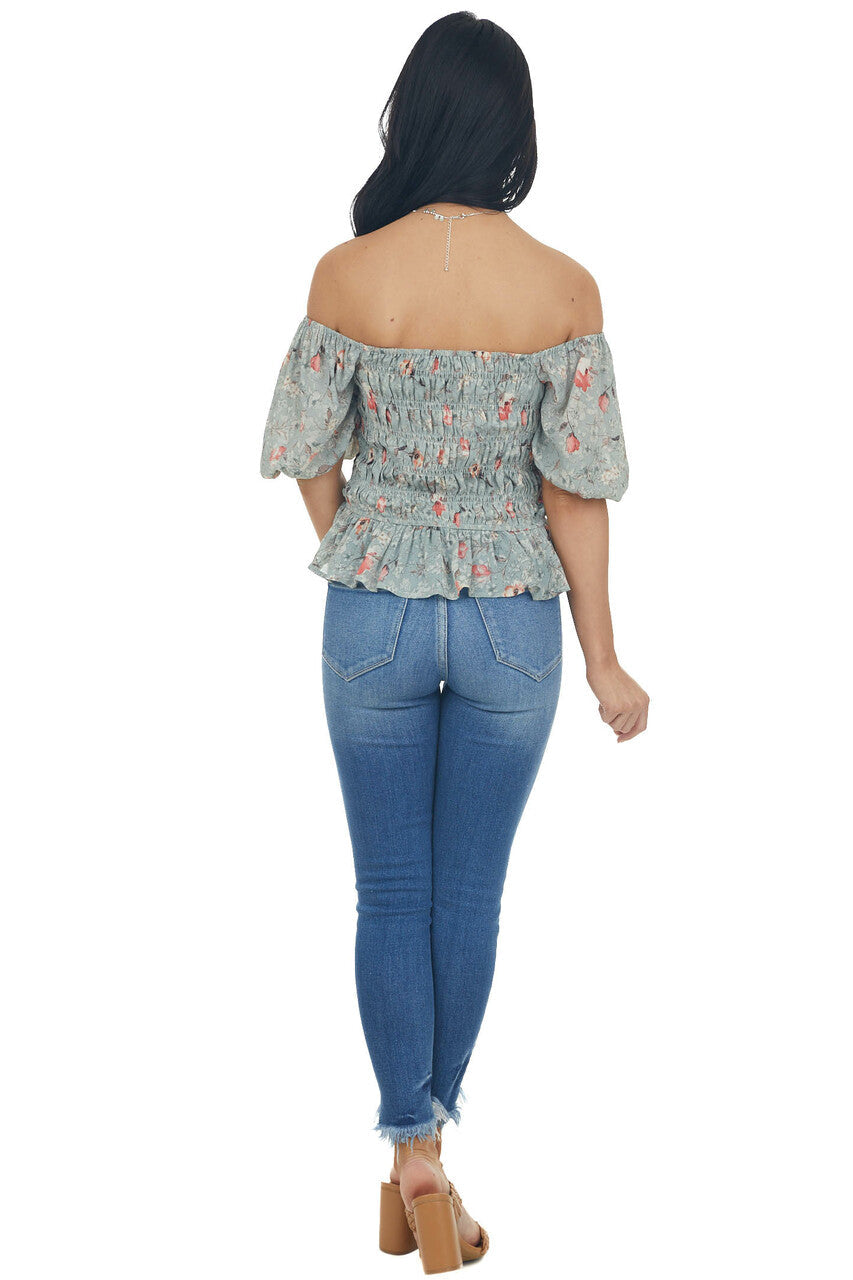 Sage Floral Print Short Sleeve Blouse with Smocked Details