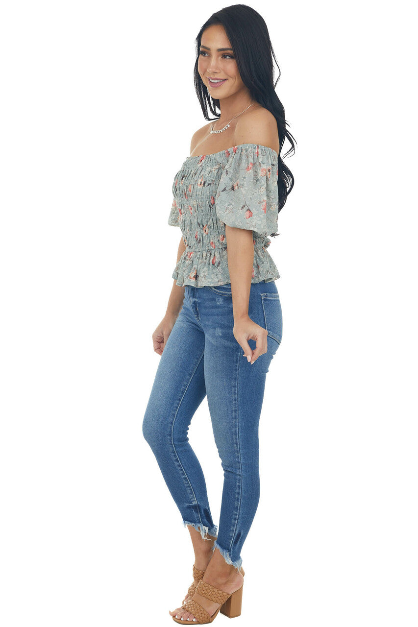 Sage Floral Print Short Sleeve Blouse with Smocked Details
