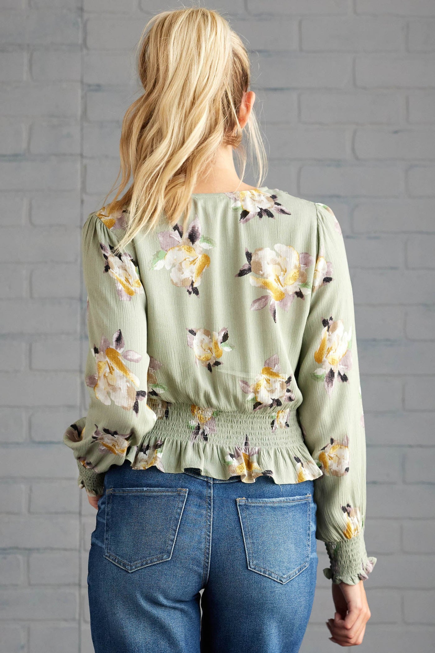 Sage Floral Print V Neck Long Sleeve Blouse