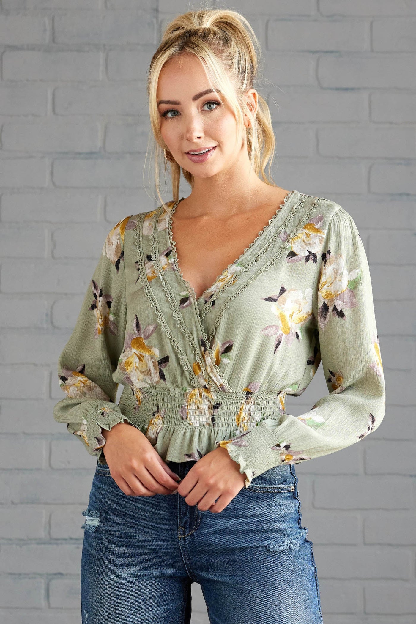 Sage Floral Print V Neck Long Sleeve Blouse