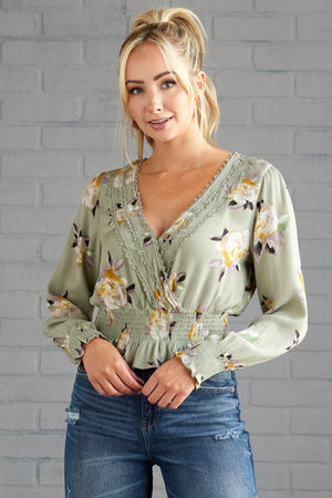 Sage Floral Print V Neck Long Sleeve Blouse