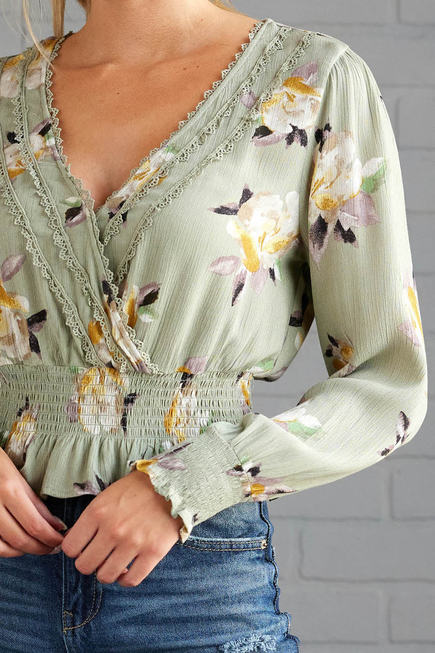 Sage Floral Print V Neck Long Sleeve Blouse