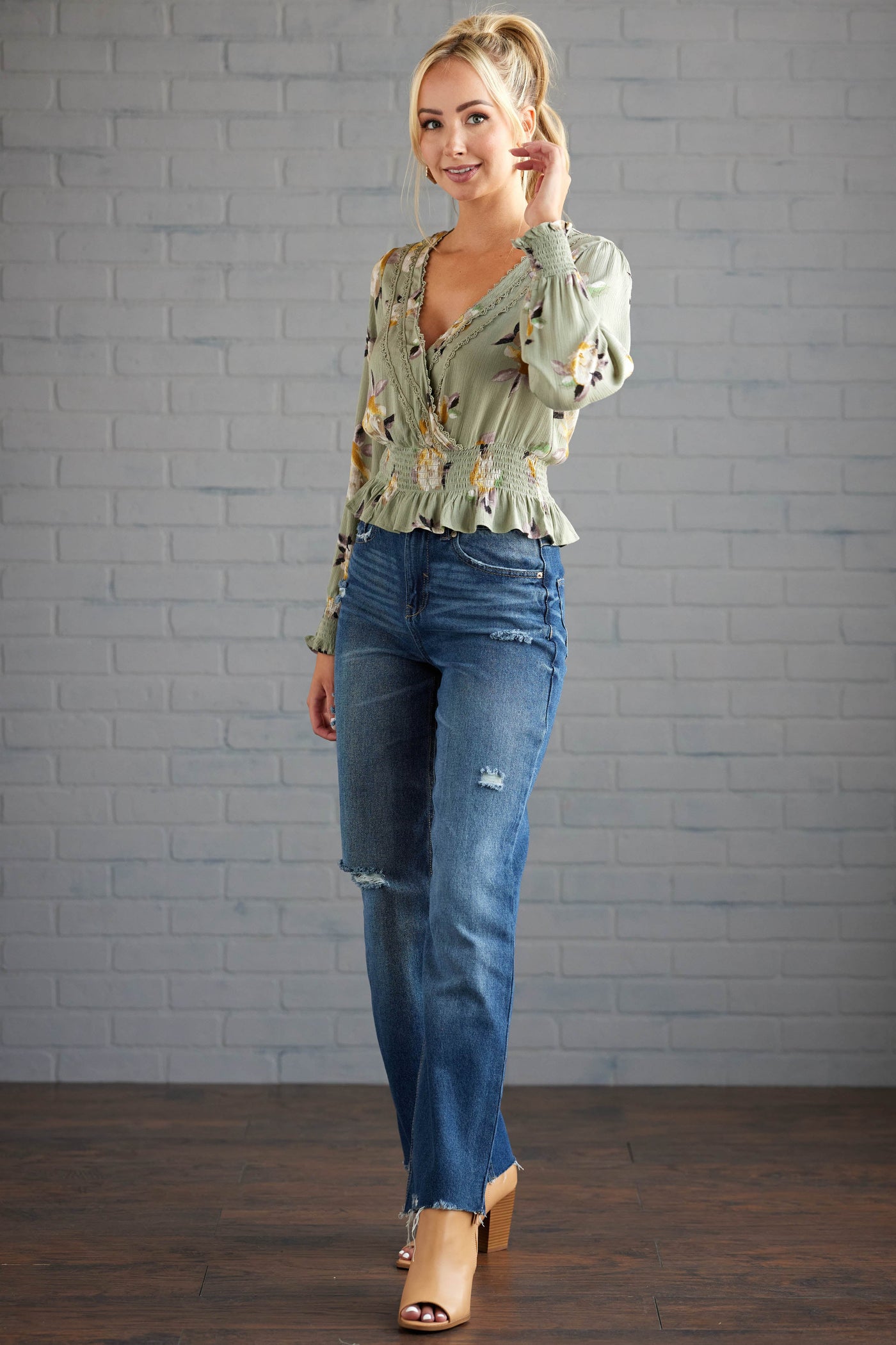 Sage Floral Print V Neck Long Sleeve Blouse