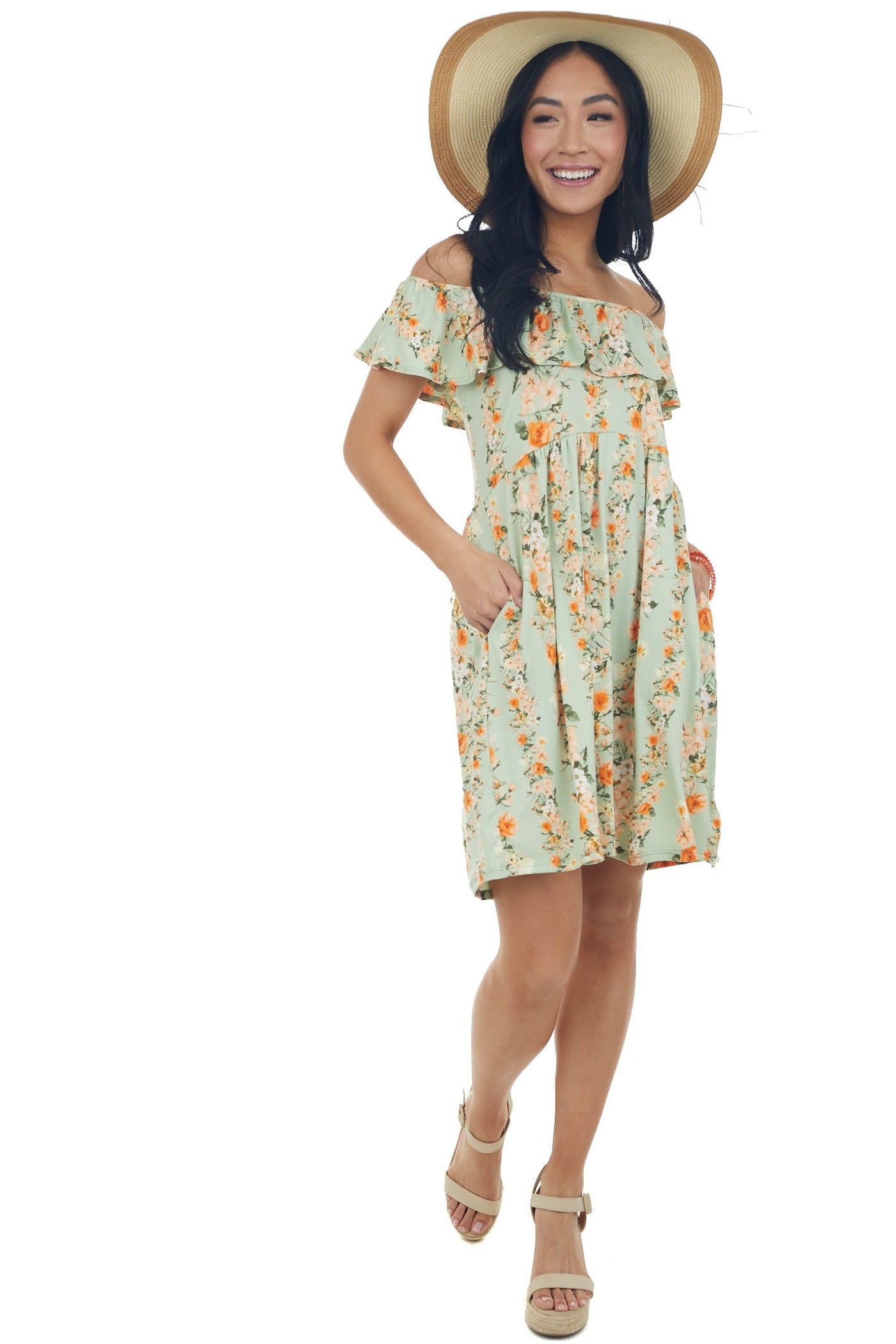 Sage Floral Ruffle Overlay Babydoll Dress