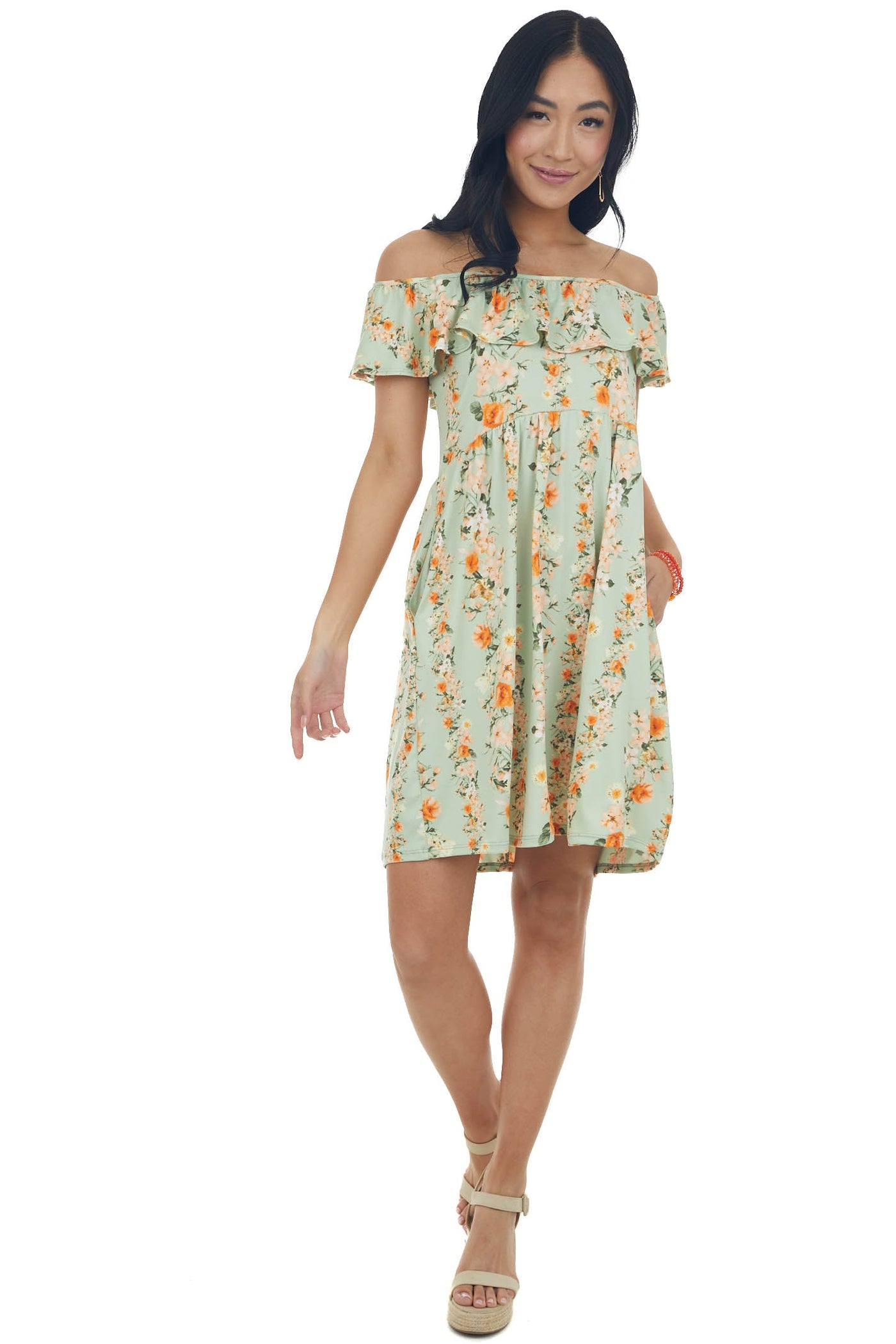 Sage Floral Ruffle Overlay Babydoll Dress