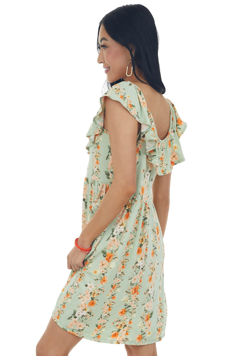 Sage Floral Ruffle Overlay Babydoll Dress