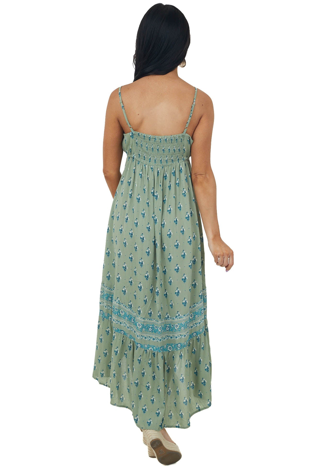 Sage High Low Floral Print Sleeveless Maxi Dress