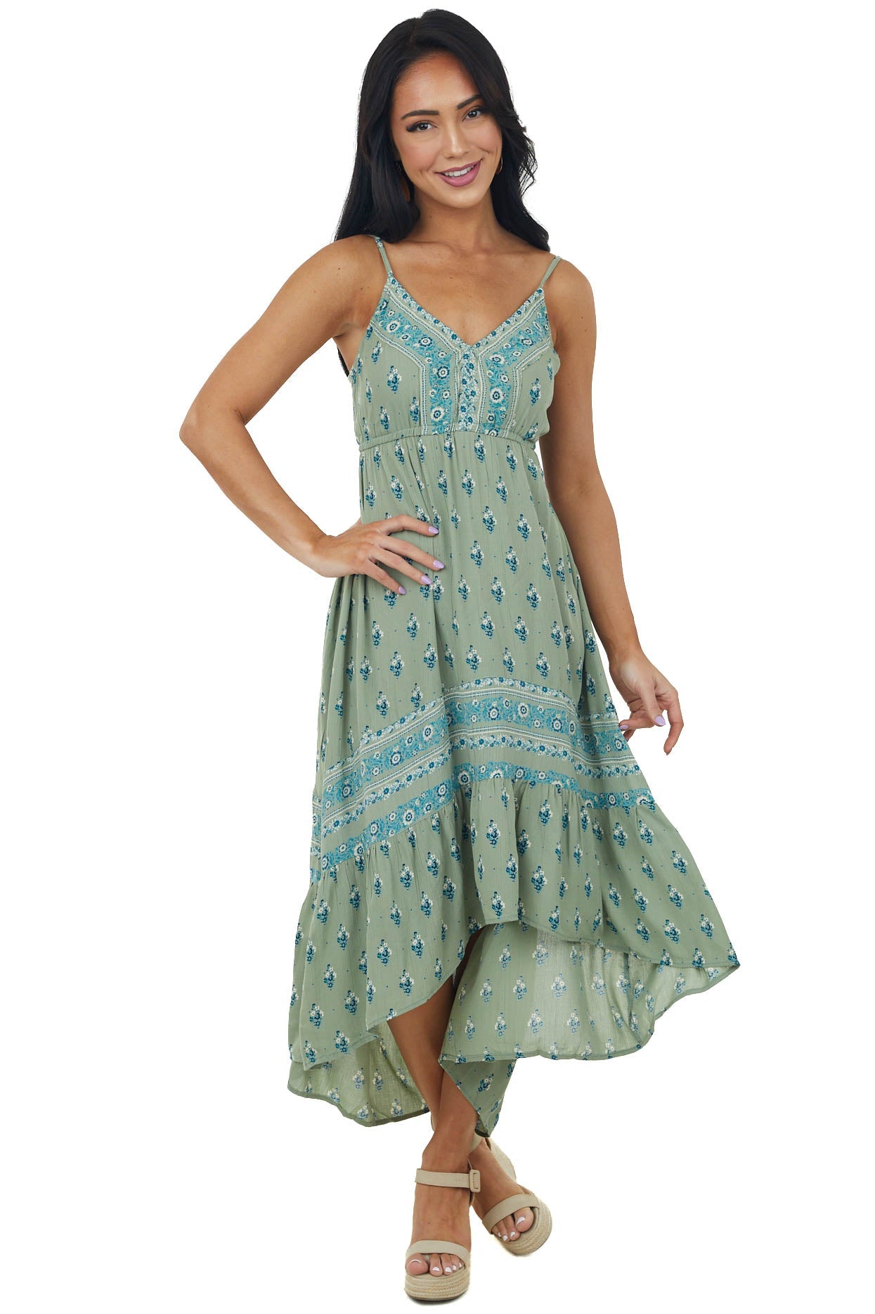 Sage High Low Floral Print Sleeveless Maxi Dress