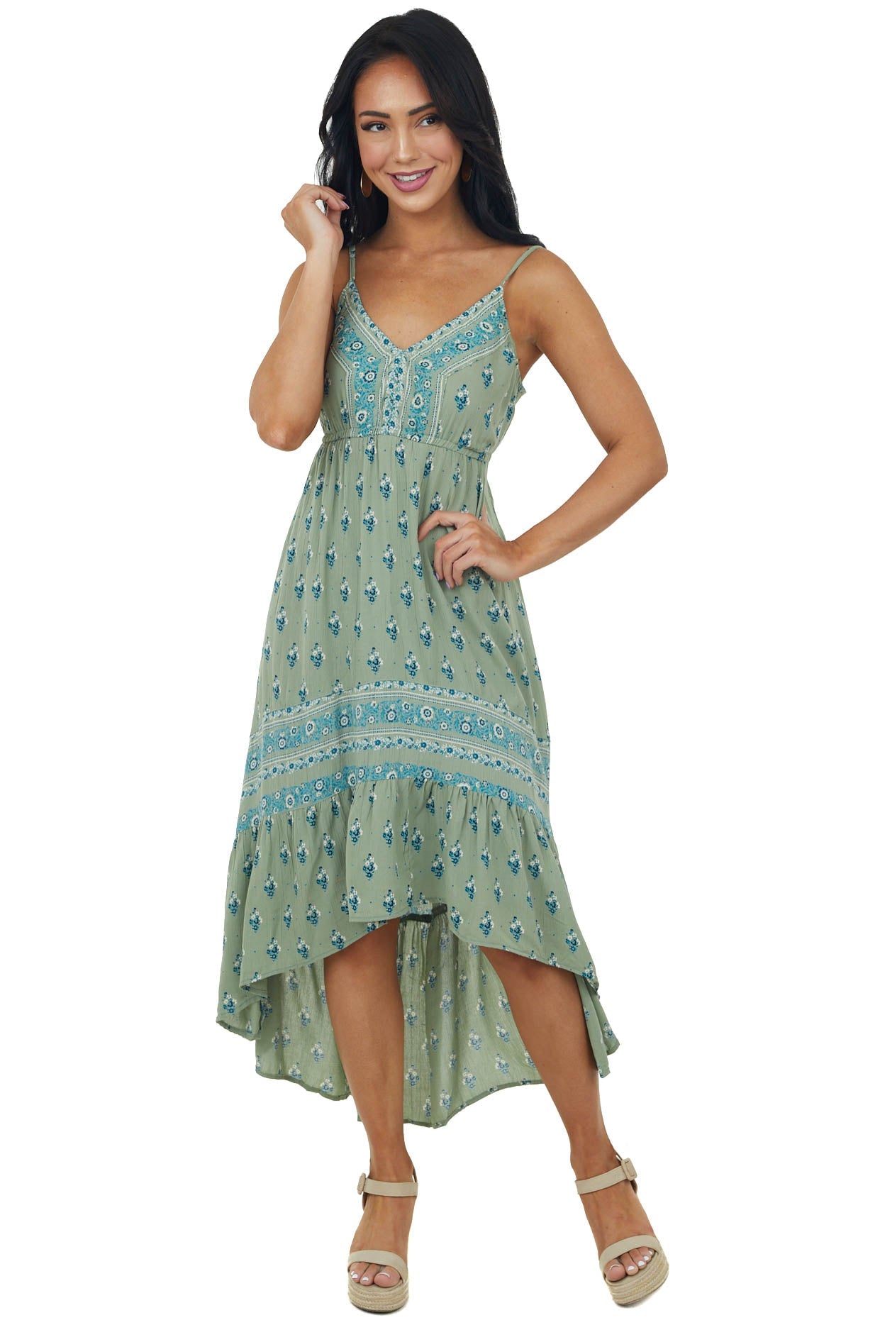 Sage High Low Floral Print Sleeveless Maxi Dress