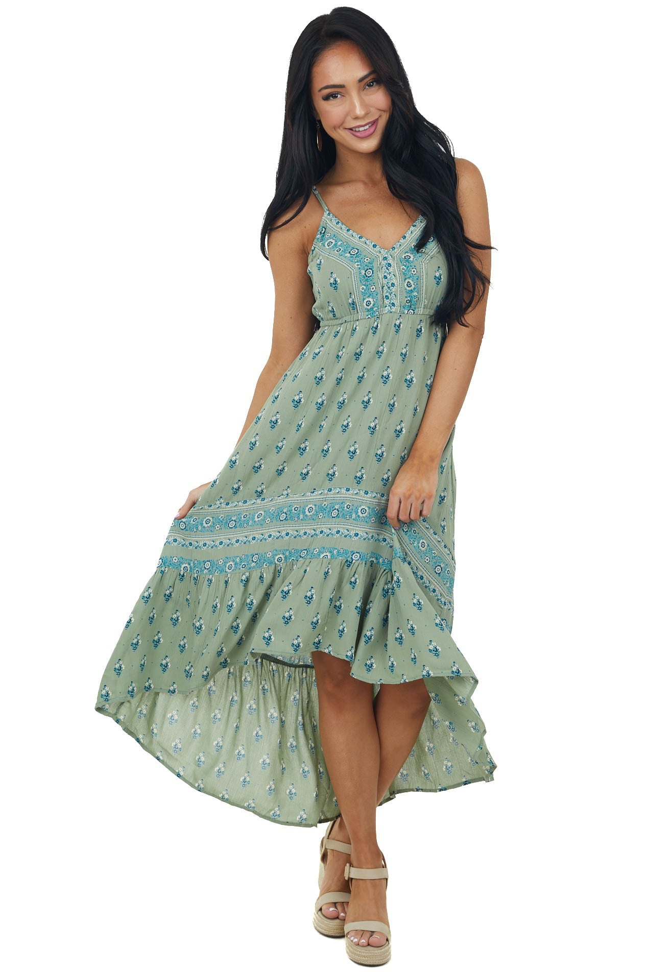 Sage High Low Floral Print Sleeveless Maxi Dress