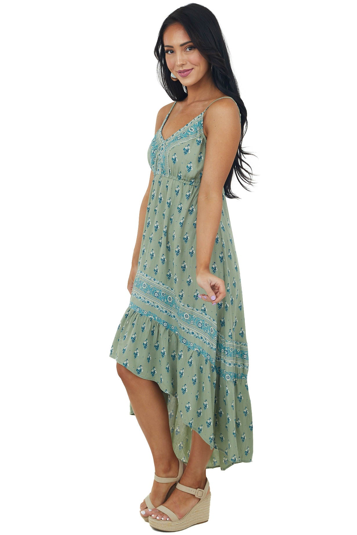 Sage High Low Floral Print Sleeveless Maxi Dress