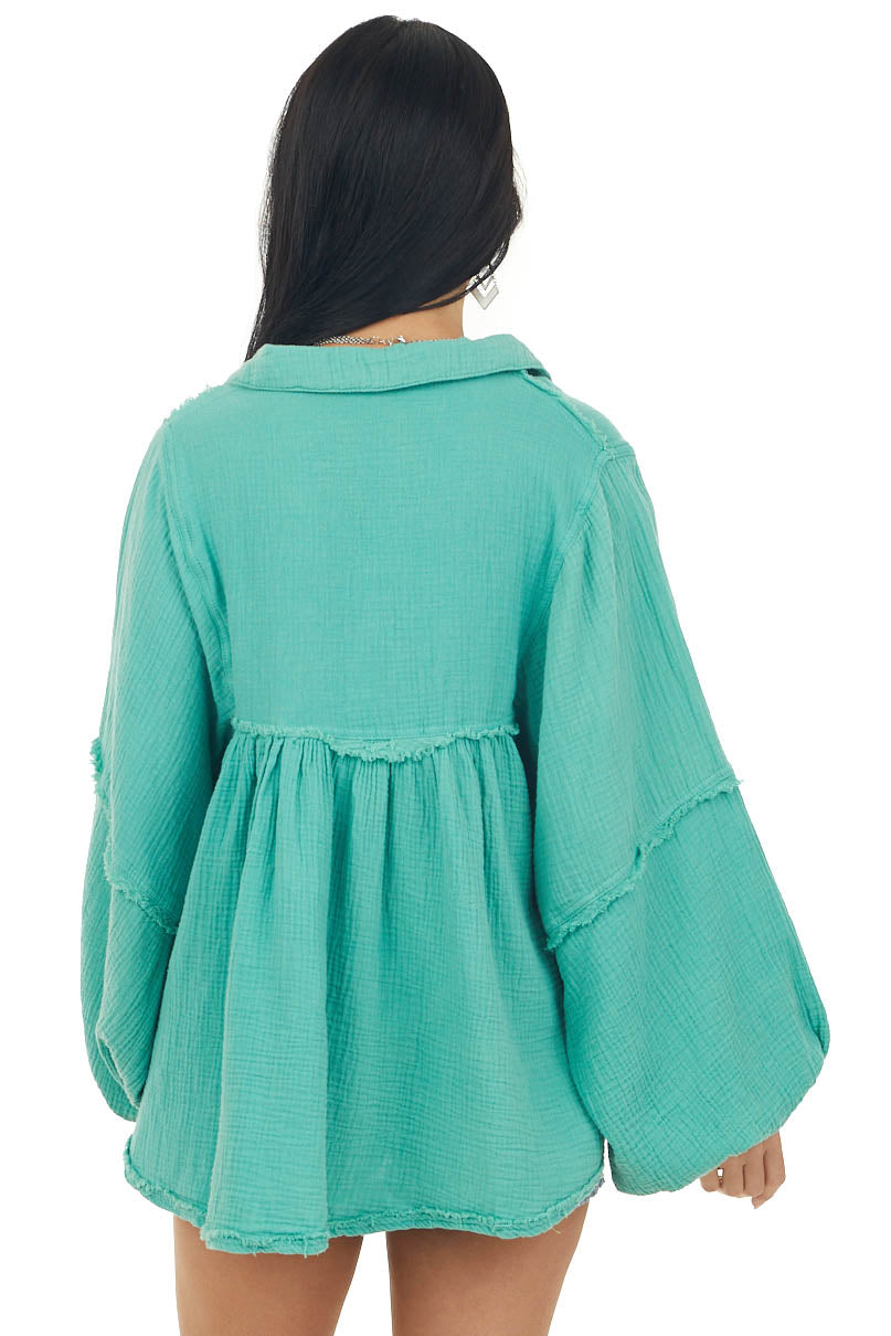 Sage Long Bubble Sleeve Babydoll Blouse