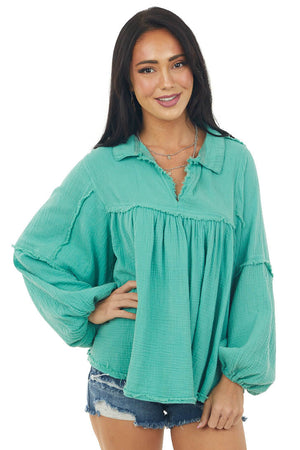 Sage Long Bubble Sleeve Babydoll Blouse