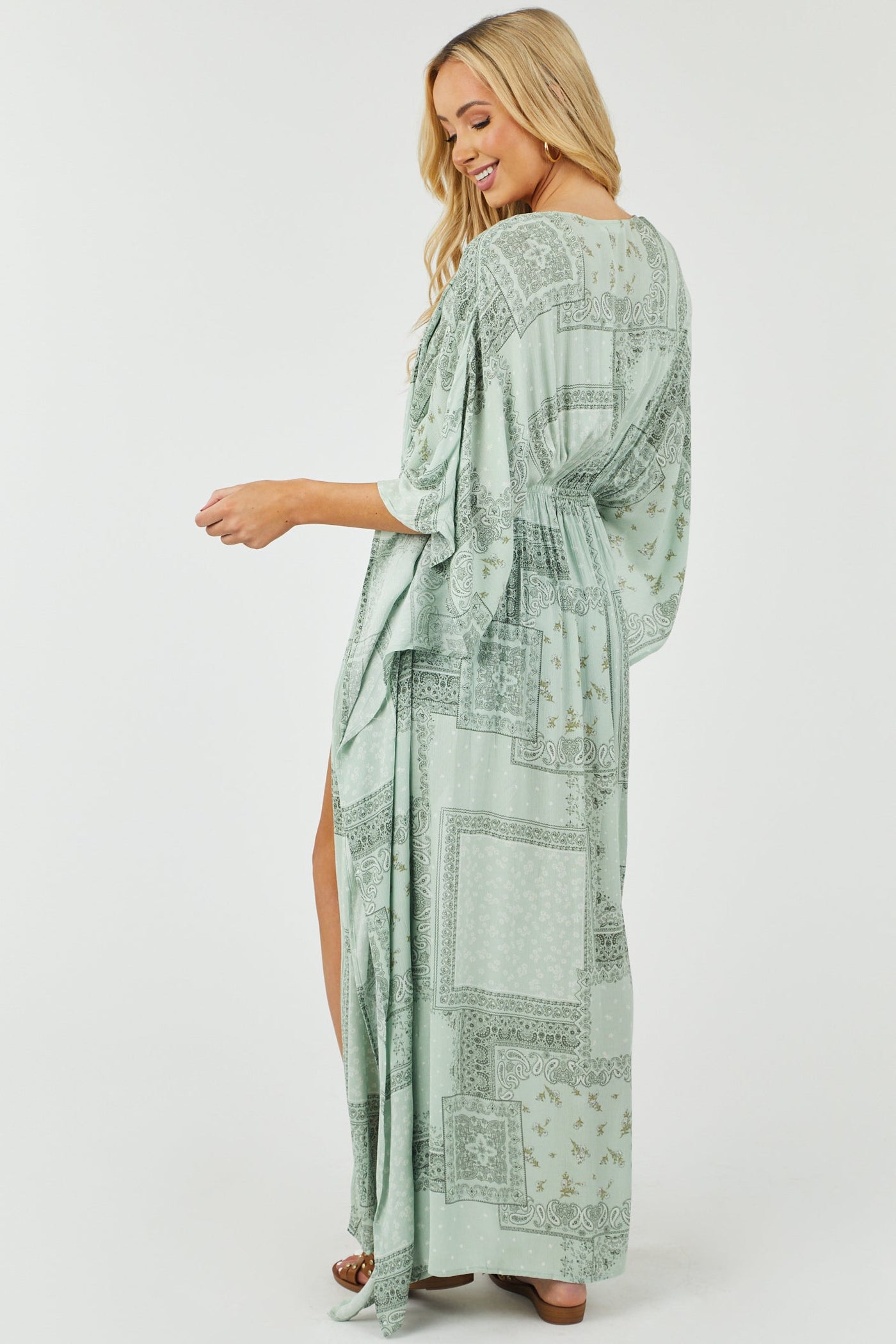 Sage Paisley Print Waist Tie Duster Kimono