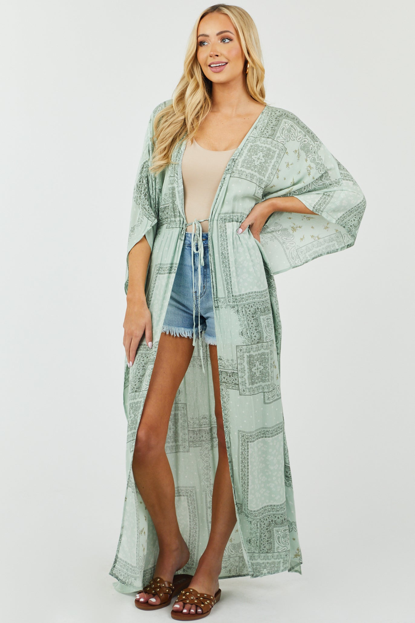 Sage Paisley Print Waist Tie Duster Kimono