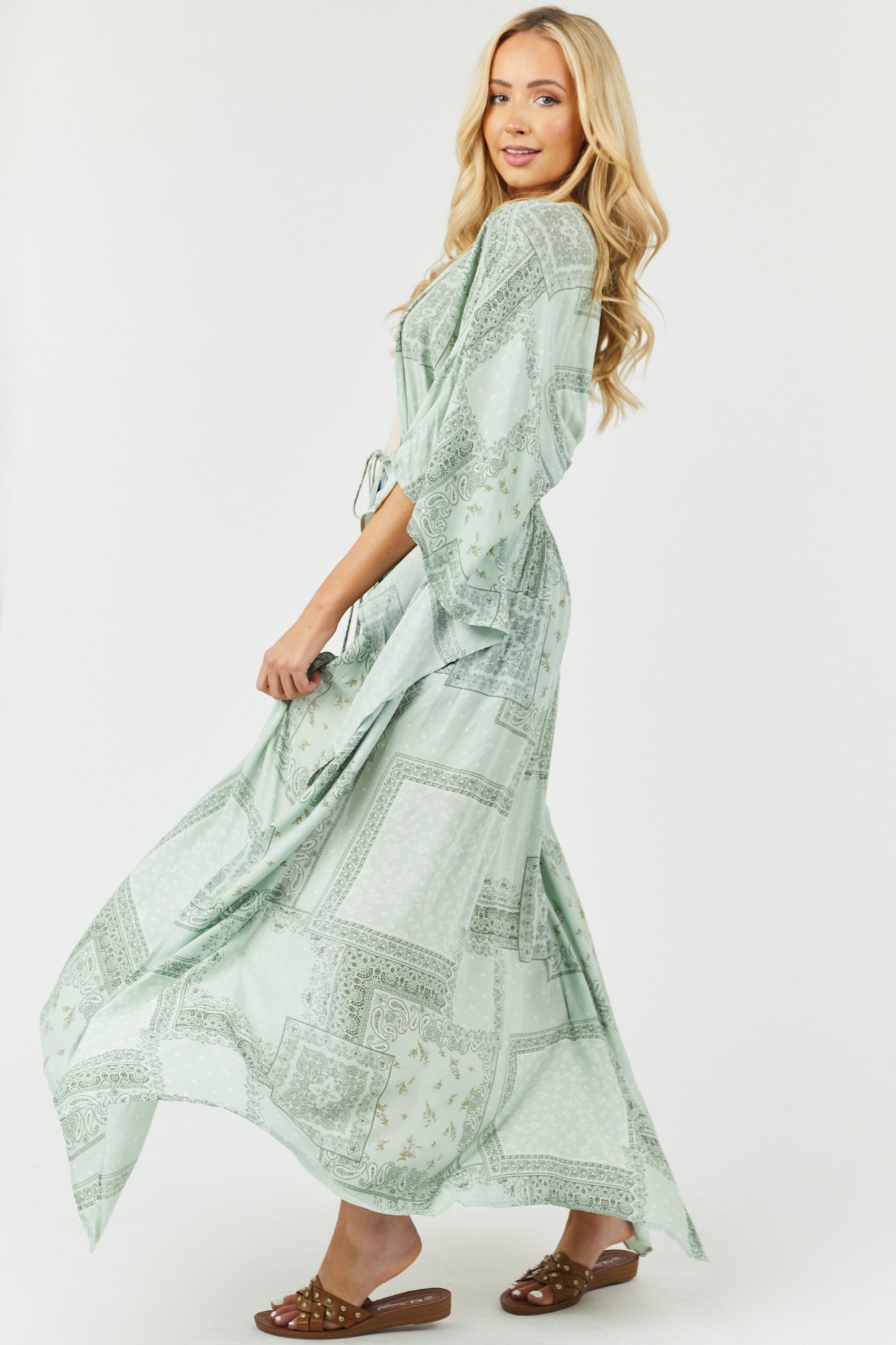 Sage Paisley Print Waist Tie Duster Kimono