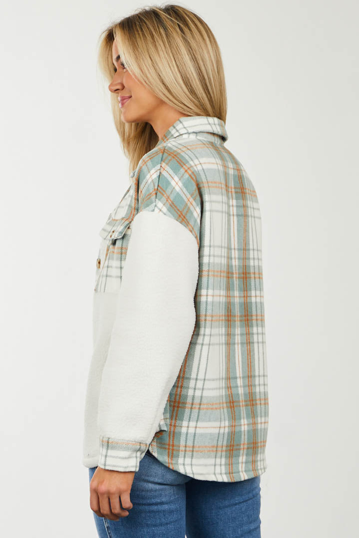 Sage Plaid Contrast Soft Sherpa Shirt Jacket