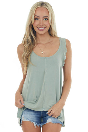 Sage Raw Edge Scoop Neck Ruffle Ribbed Top
