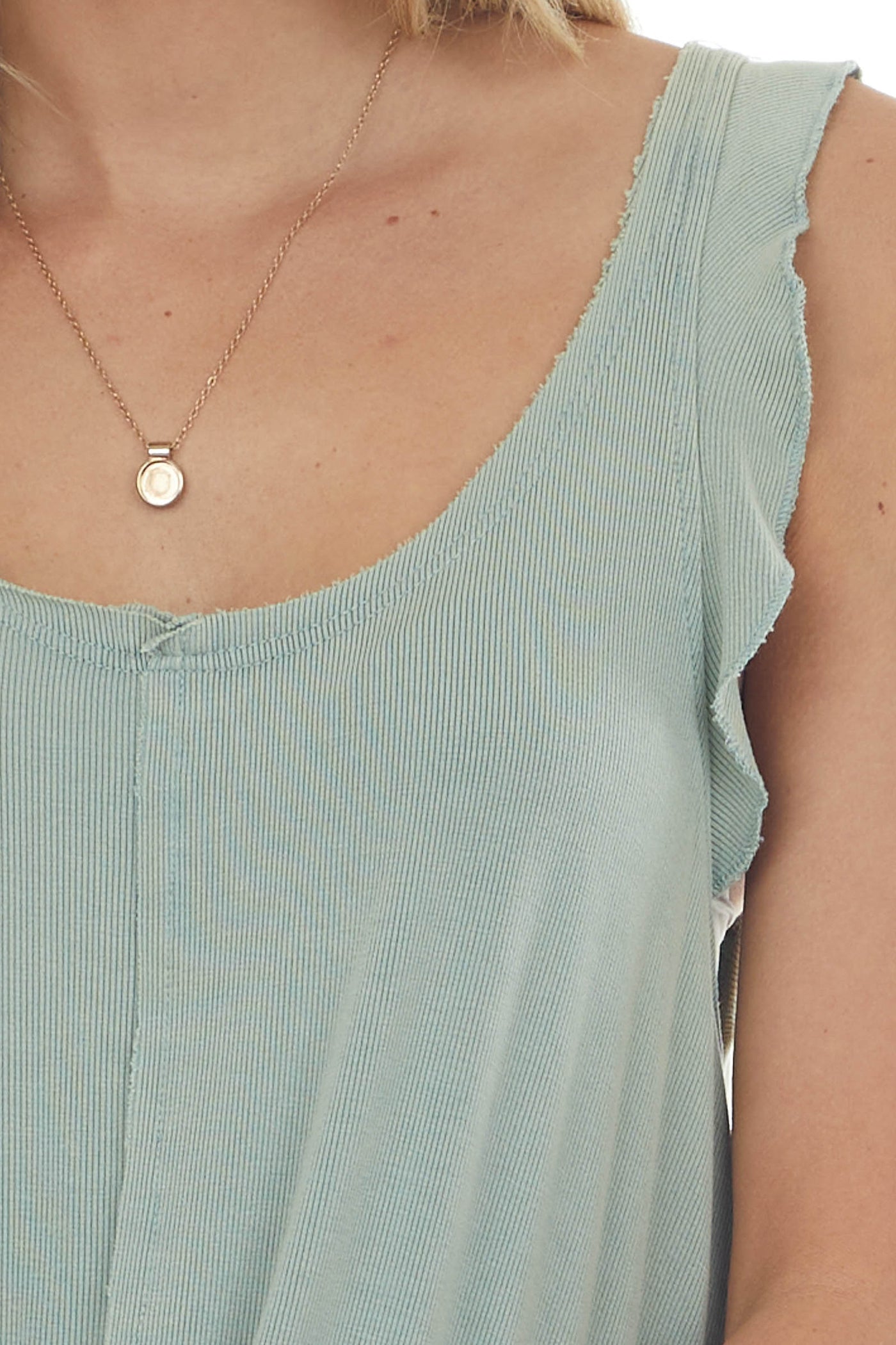 Sage Raw Edge Scoop Neck Ruffle Ribbed Top