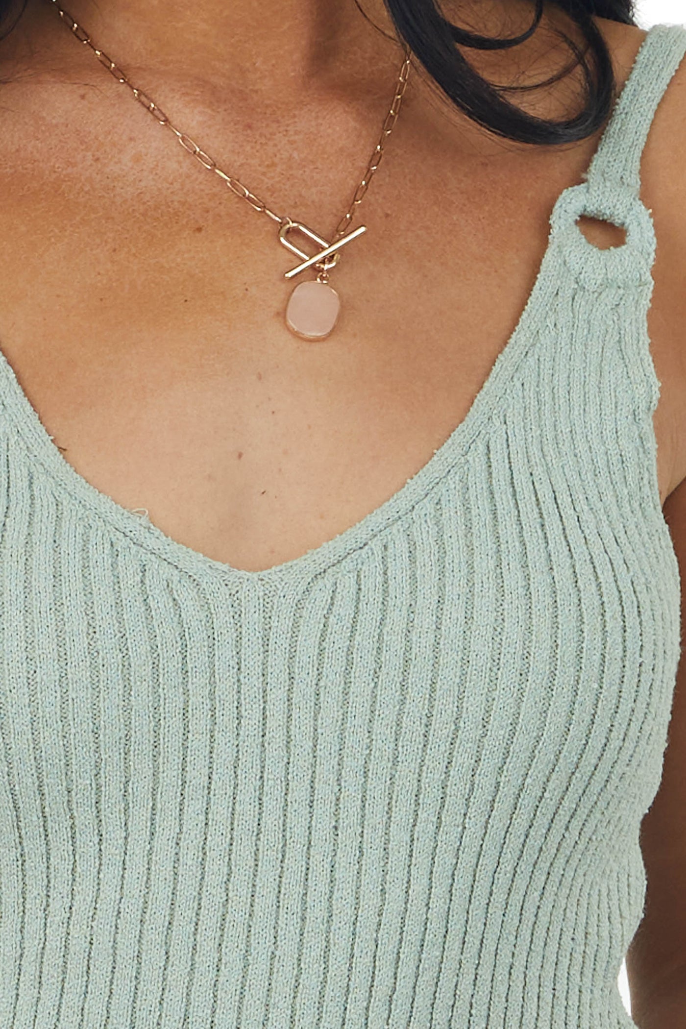 Sage Ring Strap V Neck Ribbed Knit Tank Top