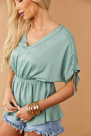 Sage Ruched Shoulder Cinch Waist Blouse