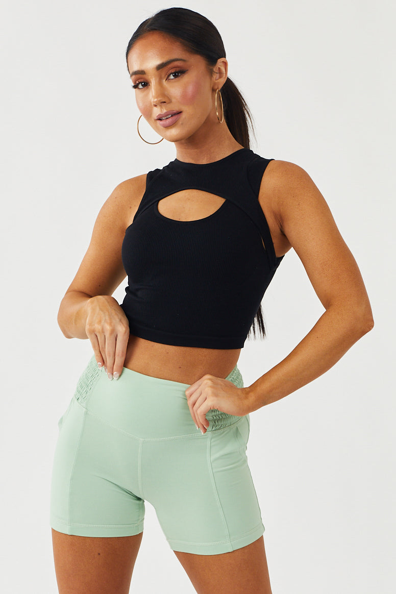 Sage Smocked Side Biker Shorts with Pockets