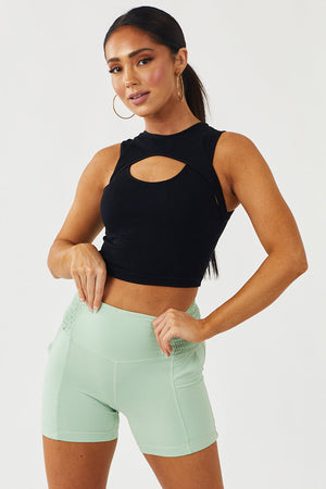 Sage Smocked Side Biker Shorts with Pockets