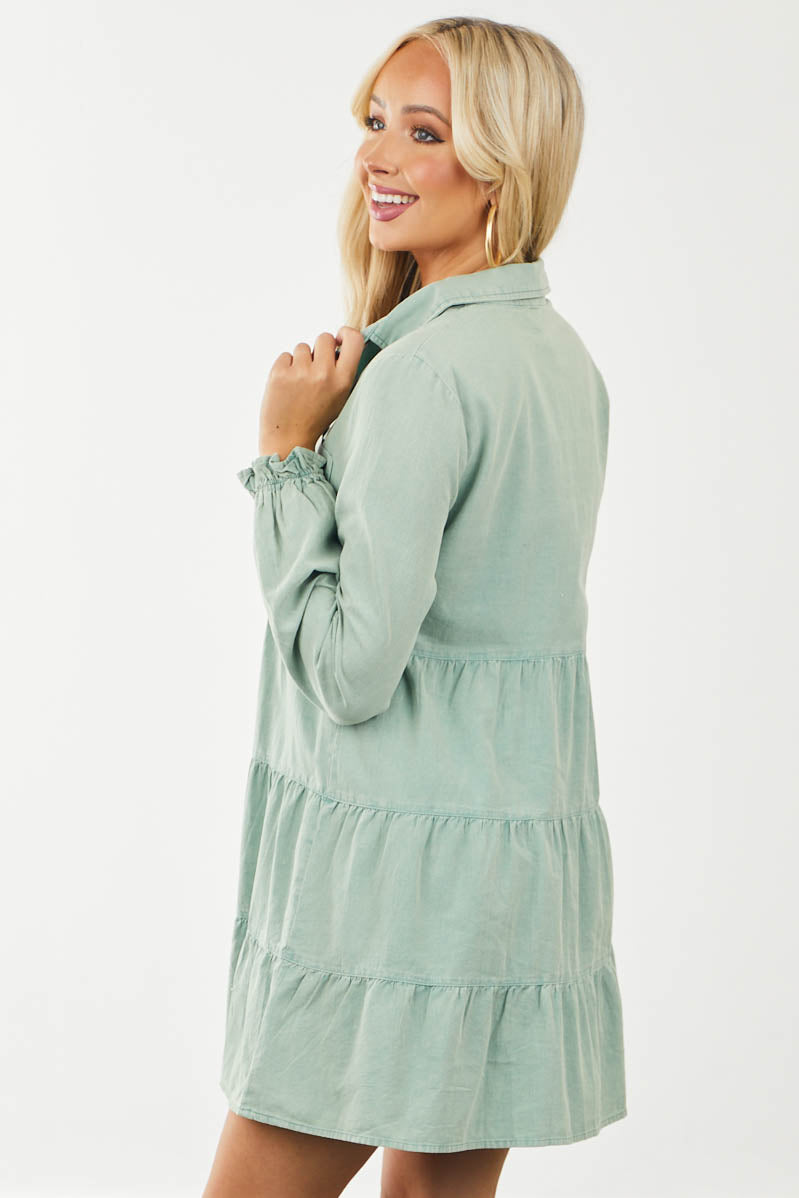 Sage Tiered Long Sleeve Button Down Dress