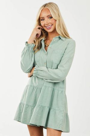 Sage Tiered Long Sleeve Button Down Dress