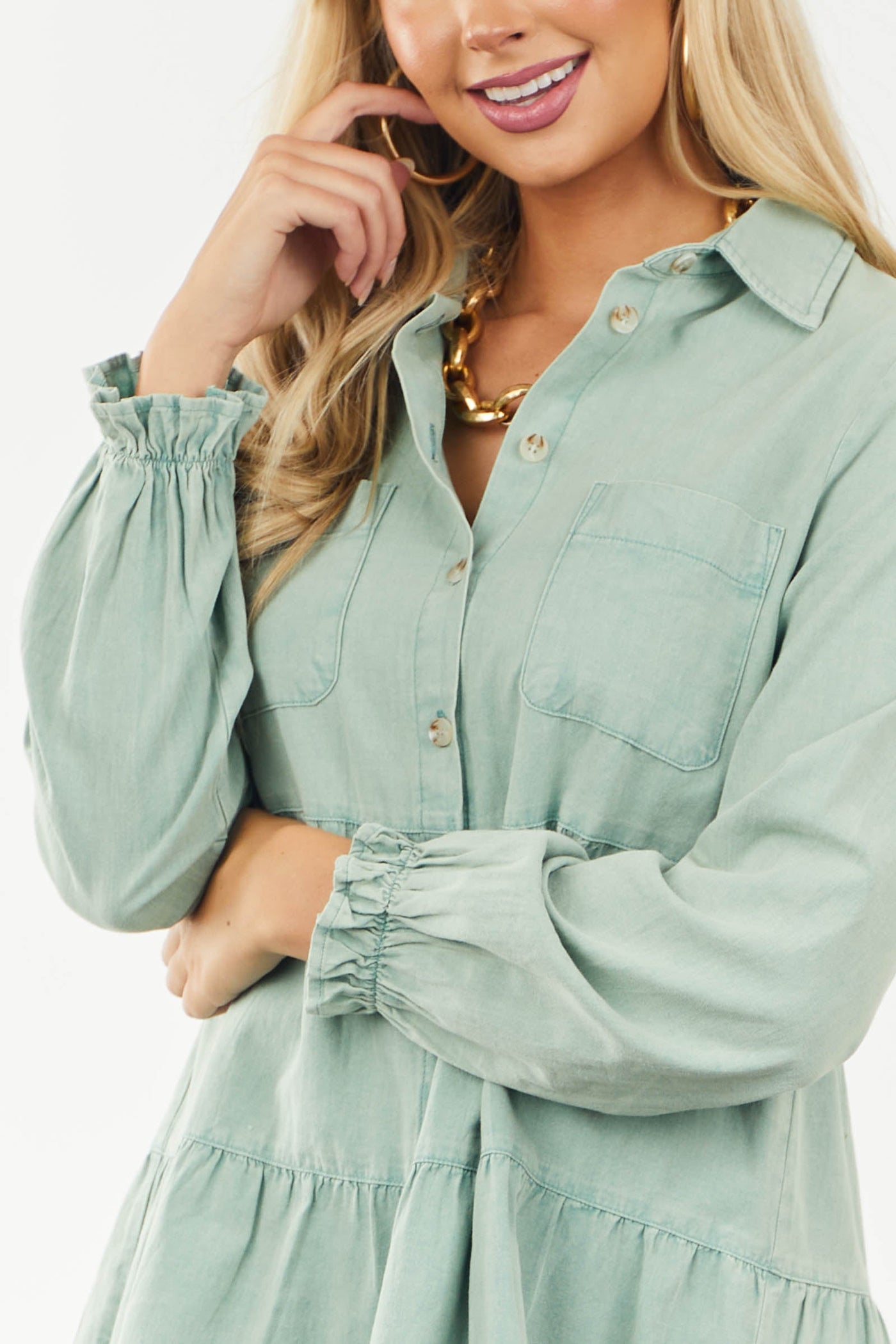 Sage Tiered Long Sleeve Button Down Dress