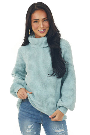 Sage Turtleneck Bishop Sleeve Chenille Sweater