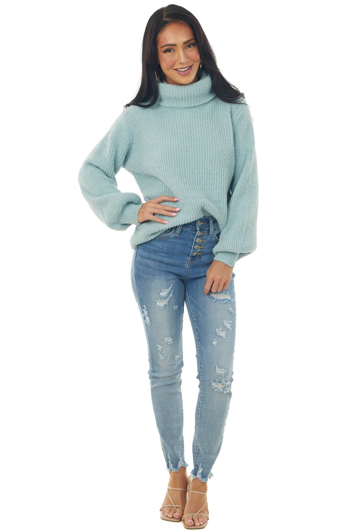 Sage Turtleneck Bishop Sleeve Chenille Sweater