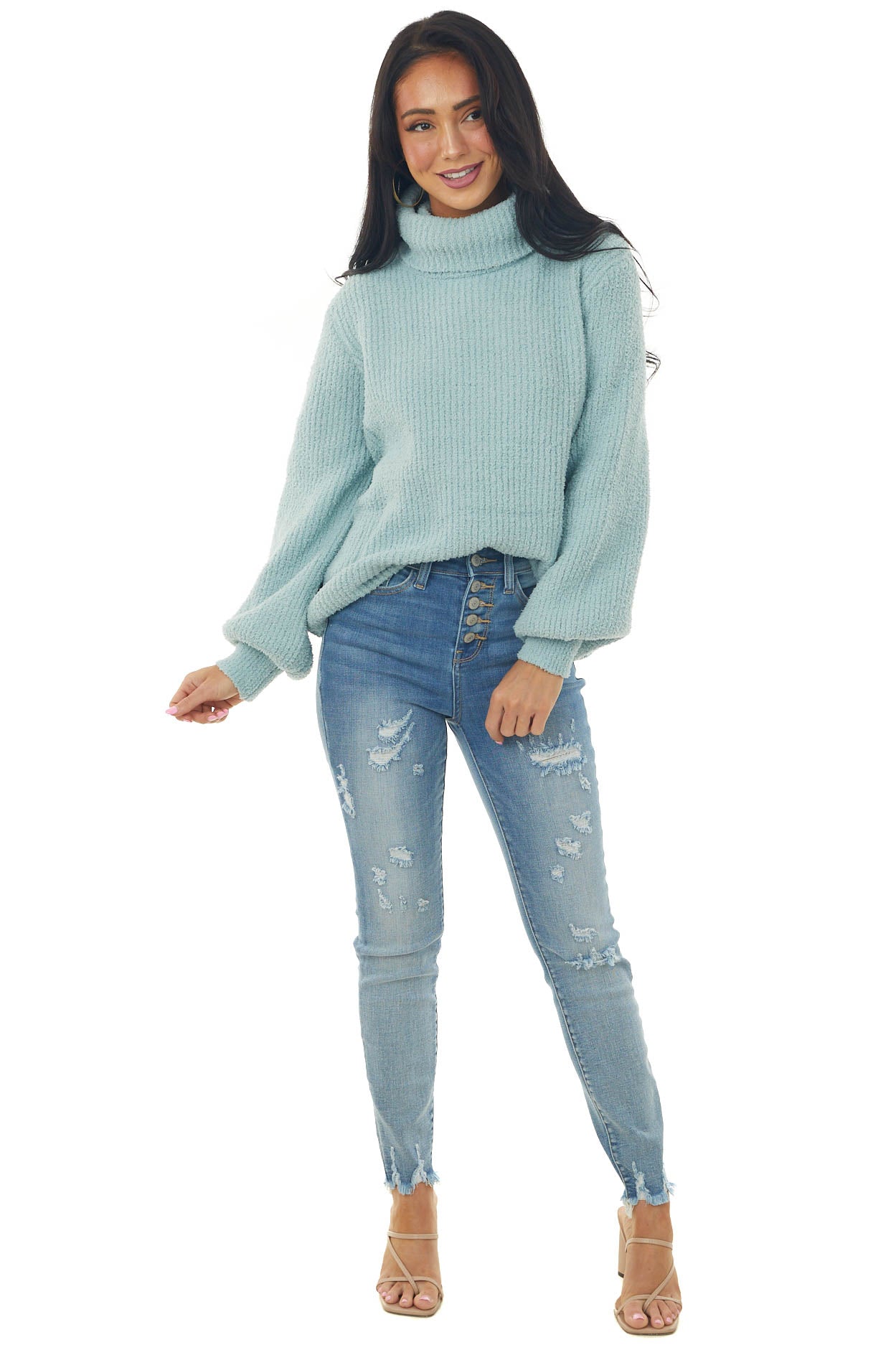 Sage Turtleneck Bishop Sleeve Chenille Sweater