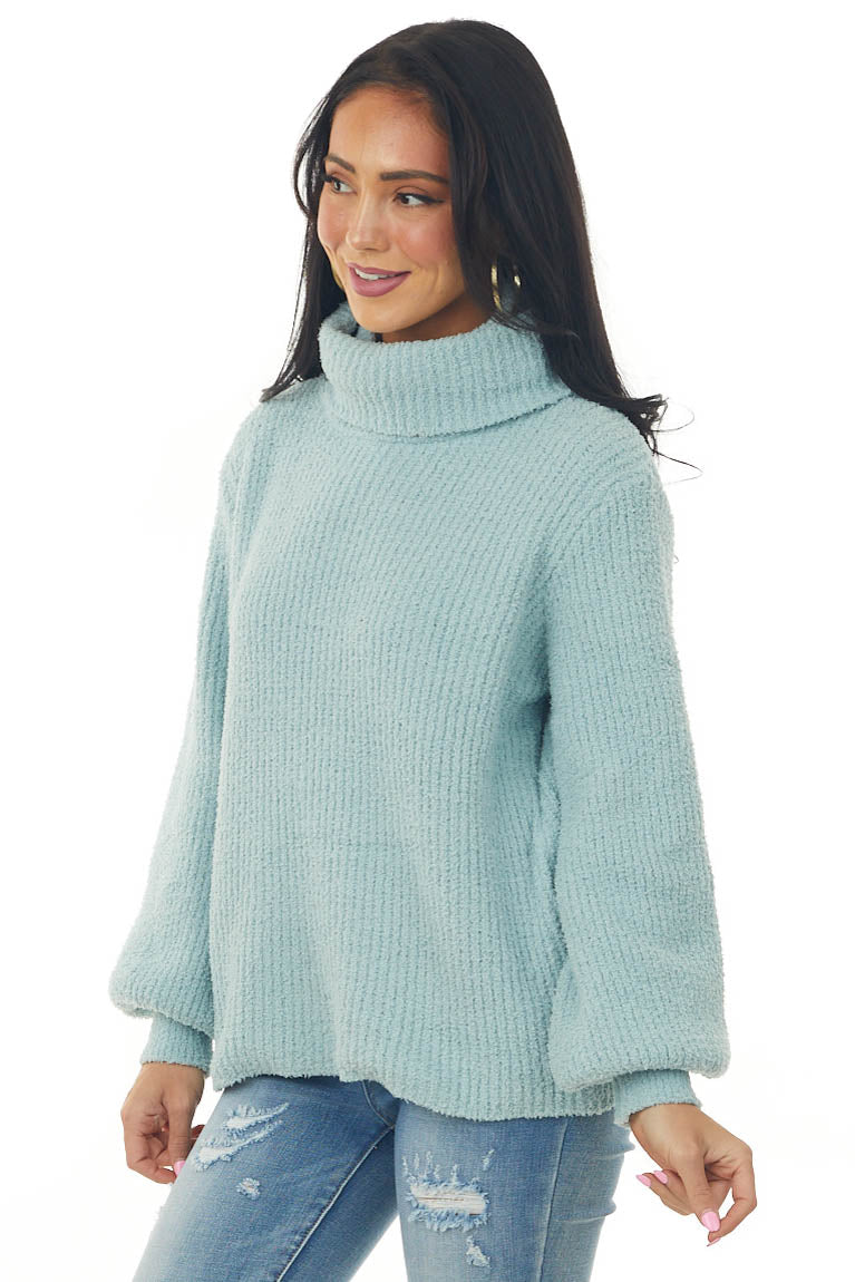 Sage Turtleneck Bishop Sleeve Chenille Sweater