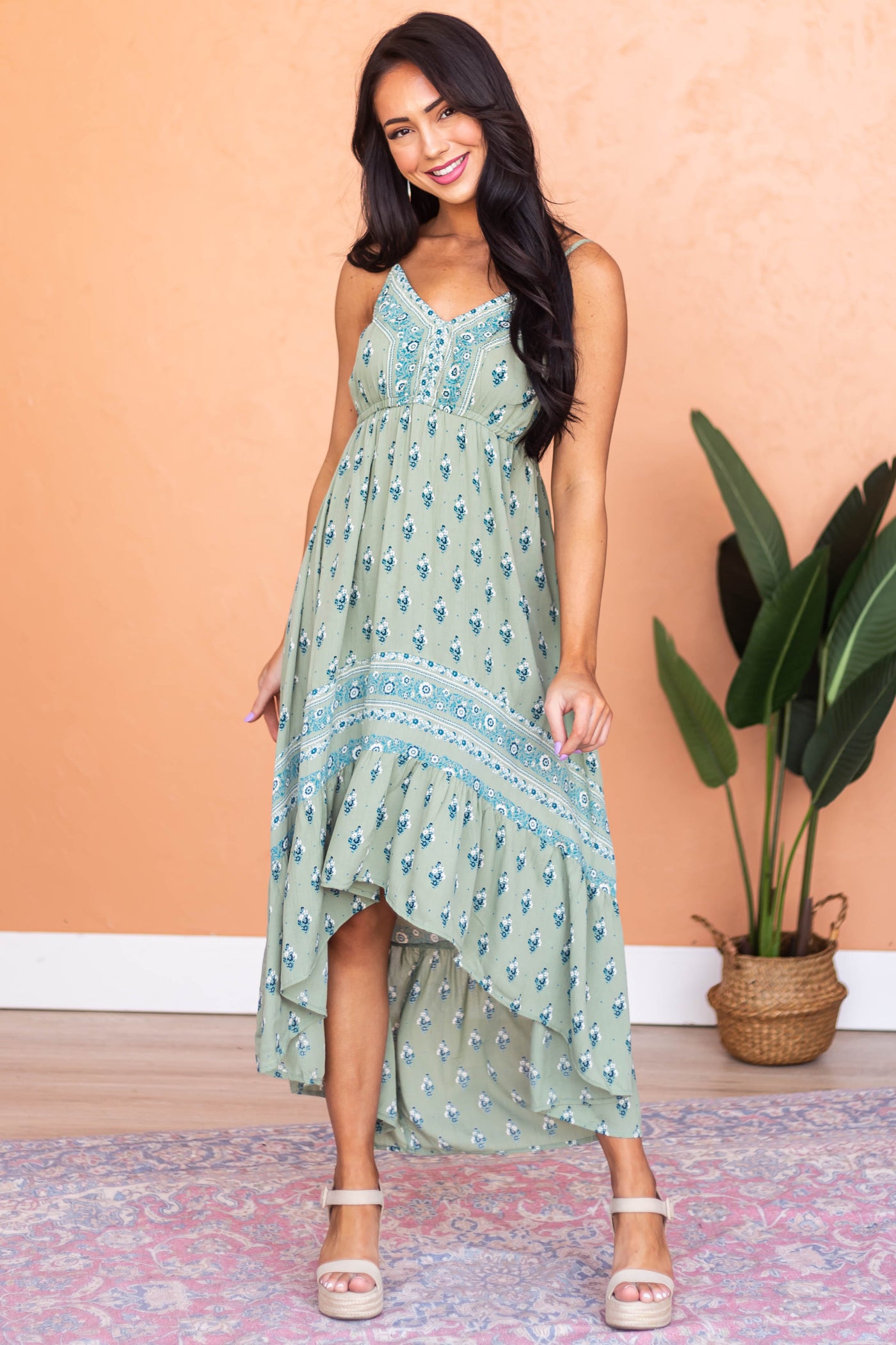 Sage High Low Floral Print Sleeveless Maxi Dress