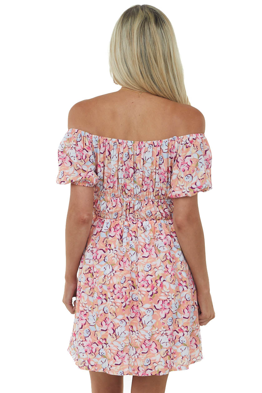 Salmon Floral Print Puff Sleeve Mini Dress