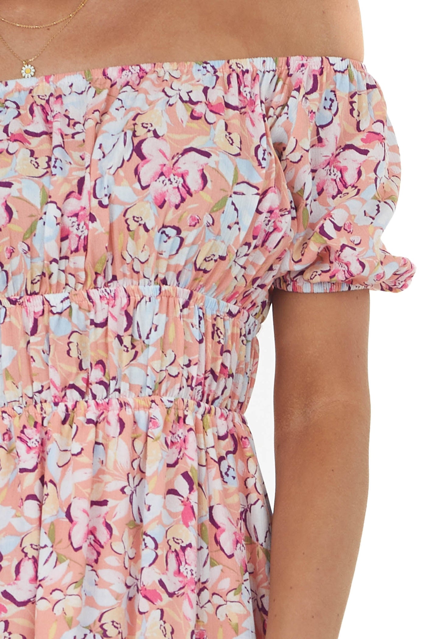 Salmon Floral Print Puff Sleeve Mini Dress