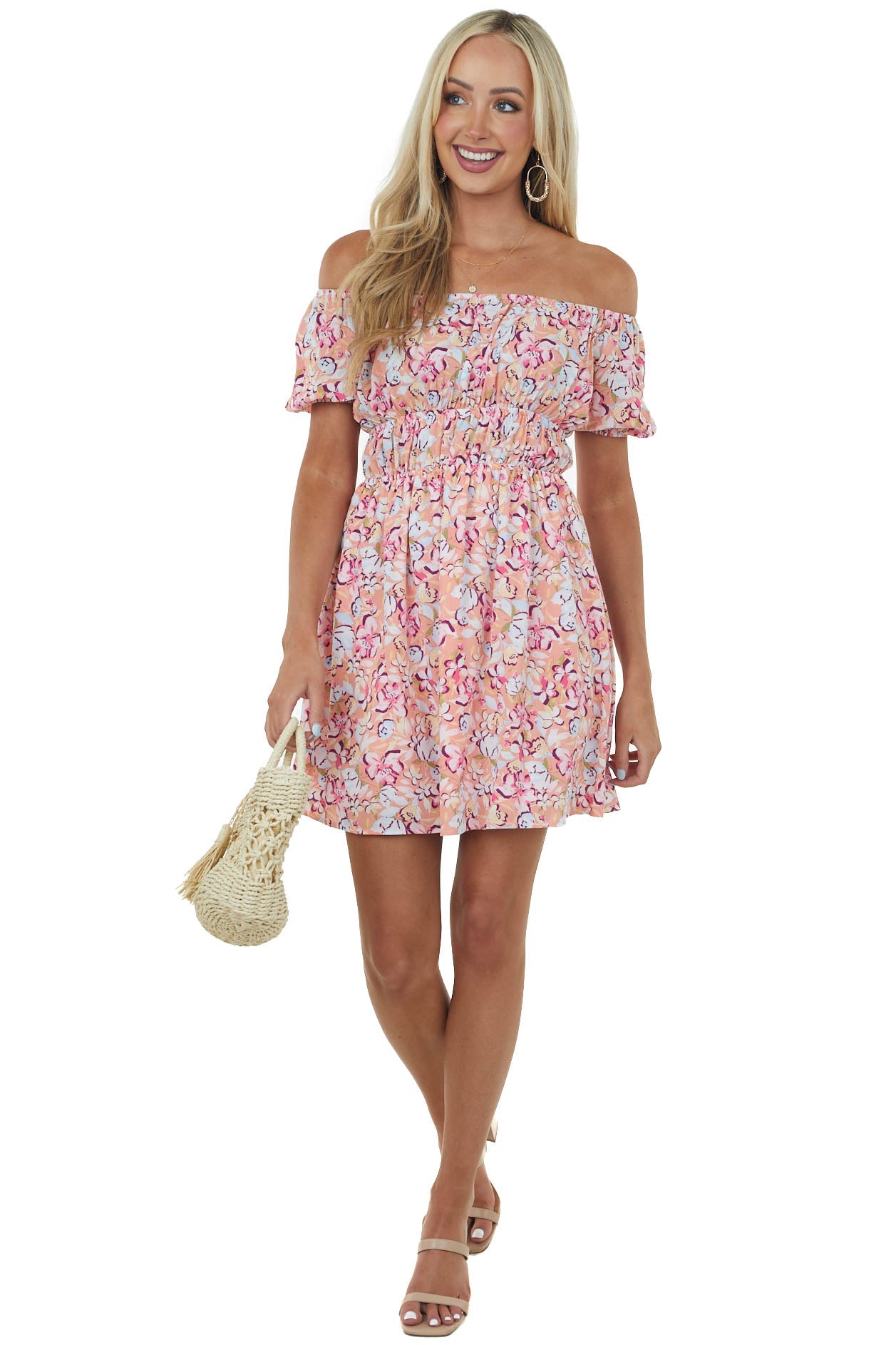 Salmon Floral Print Puff Sleeve Mini Dress