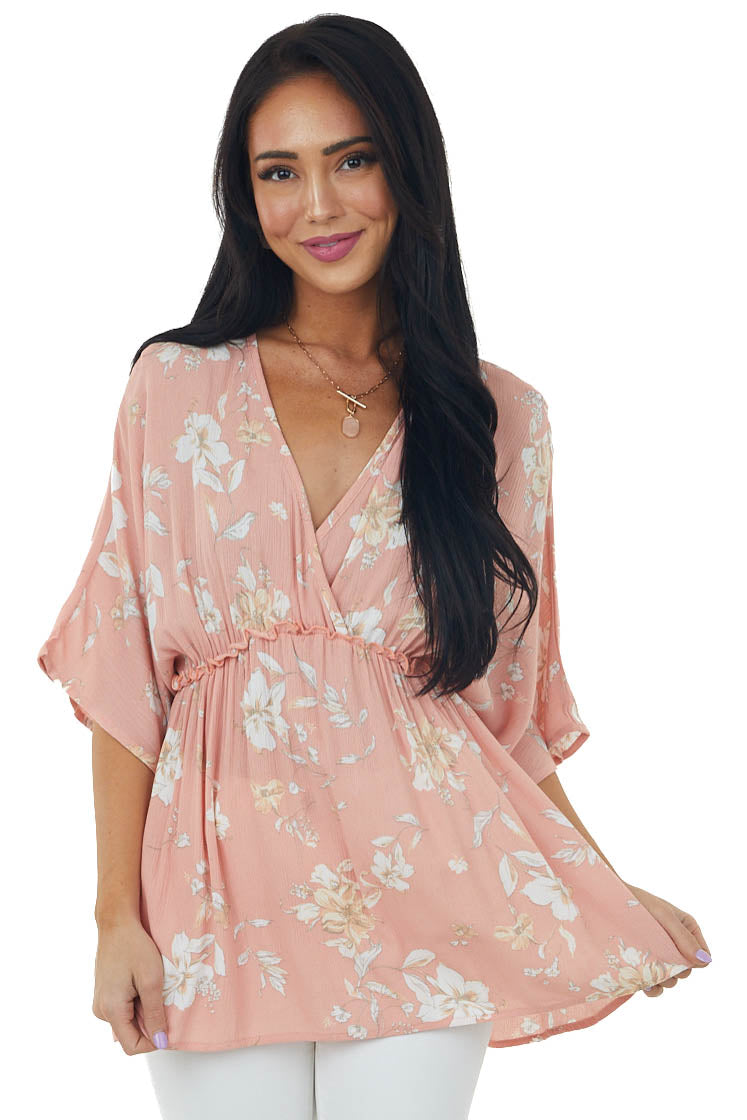 Salmon Floral Print Surplice Babydoll Blouse