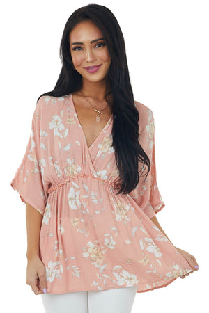 Salmon Floral Print Surplice Babydoll Blouse