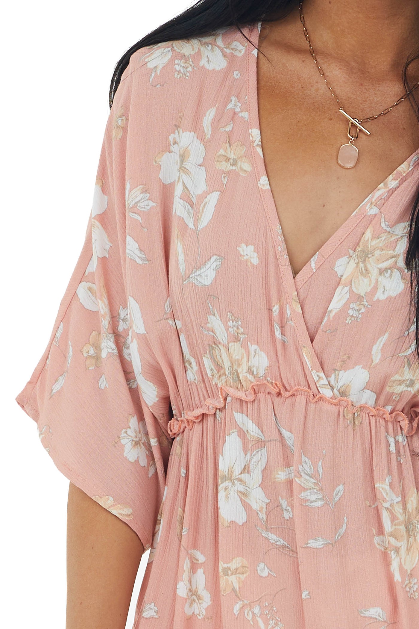 Salmon Floral Print Surplice Babydoll Blouse