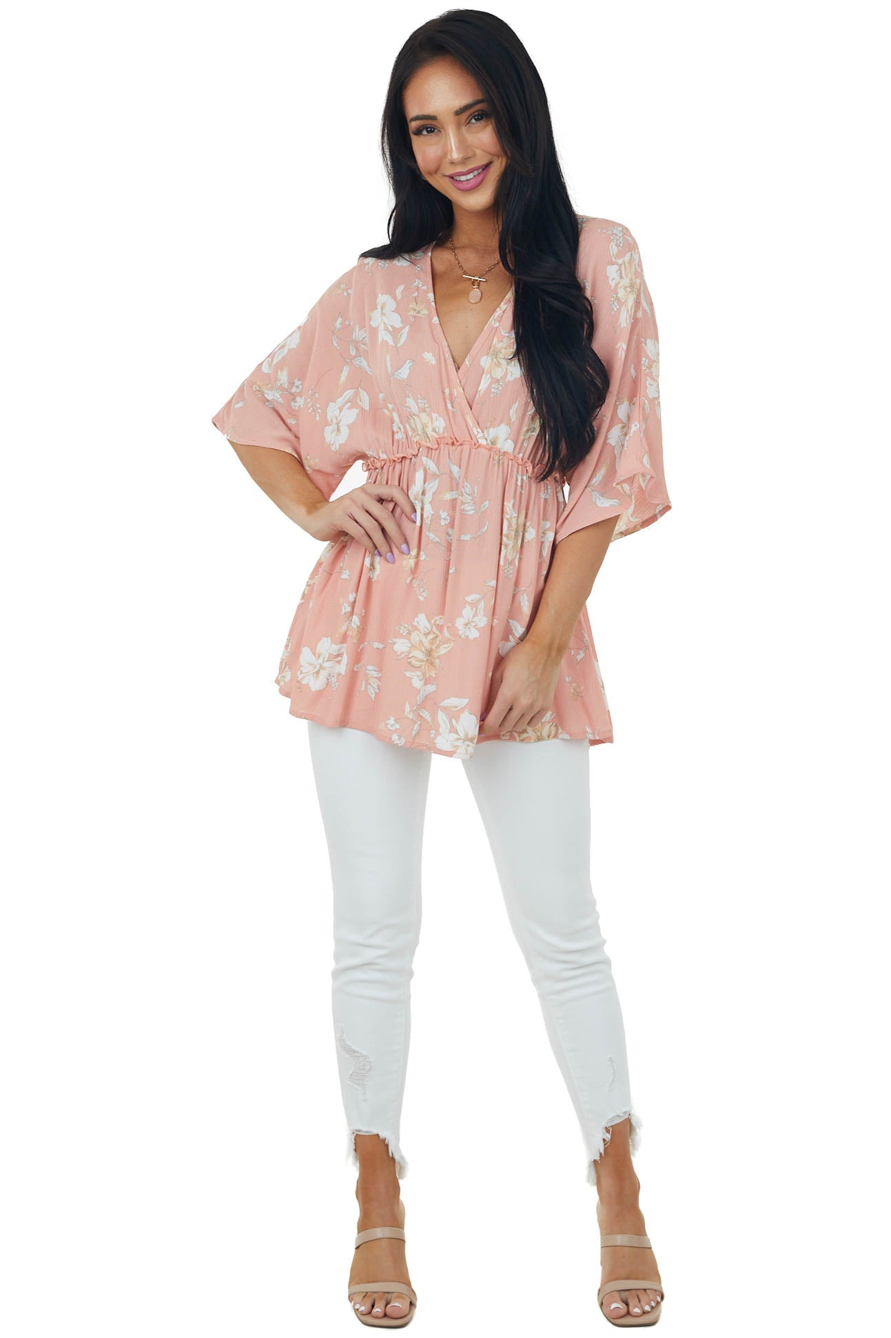 Salmon Floral Print Surplice Babydoll Blouse
