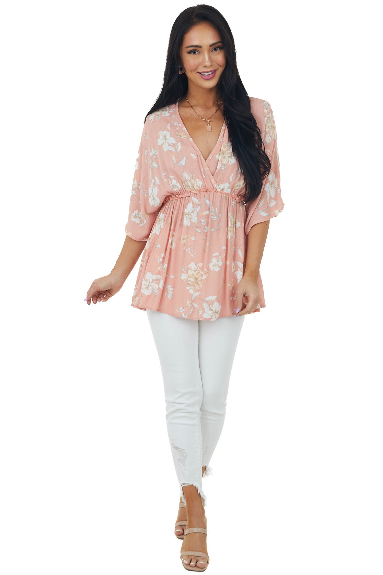 Salmon Floral Print Surplice Babydoll Blouse