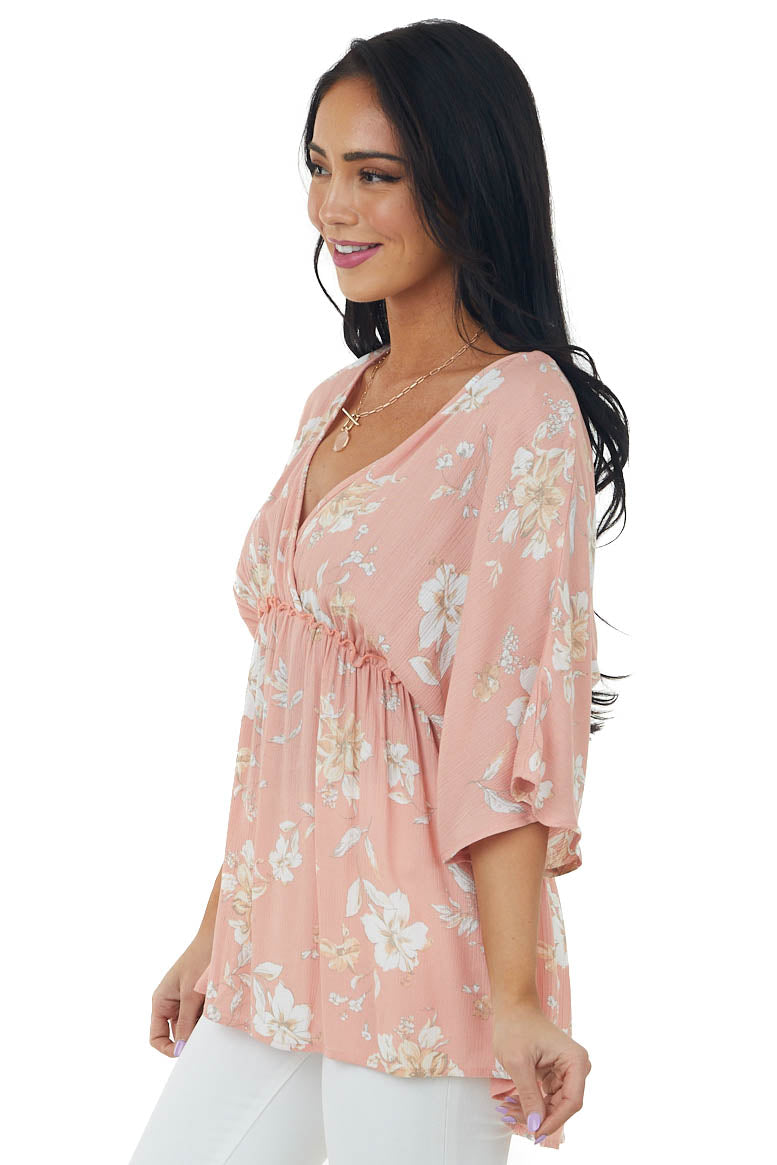 Salmon Floral Print Surplice Babydoll Blouse
