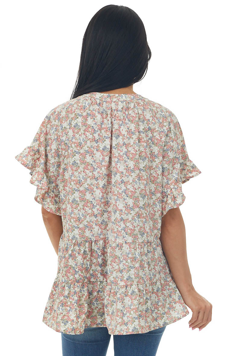 Salmon Floral Print Tiered High Low Blouse